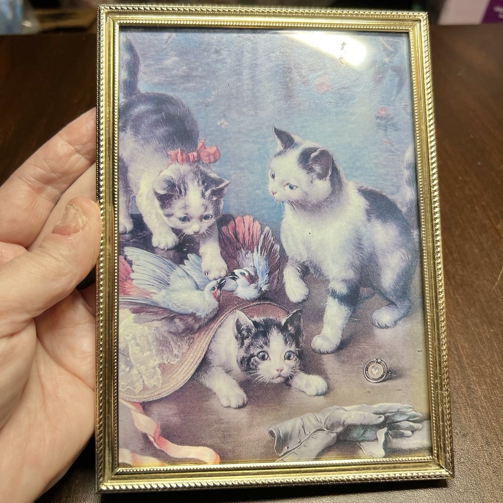 Vintage Framed Kittens Print from Greeting Card Gold Tone Frame 7" x 5.25"‎